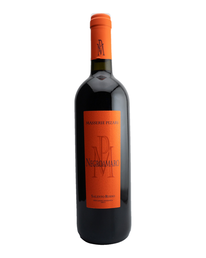 A bottle of Masserie Pizari Negroamaro wine with an orange label, indicating the grape variety and Italian origin.