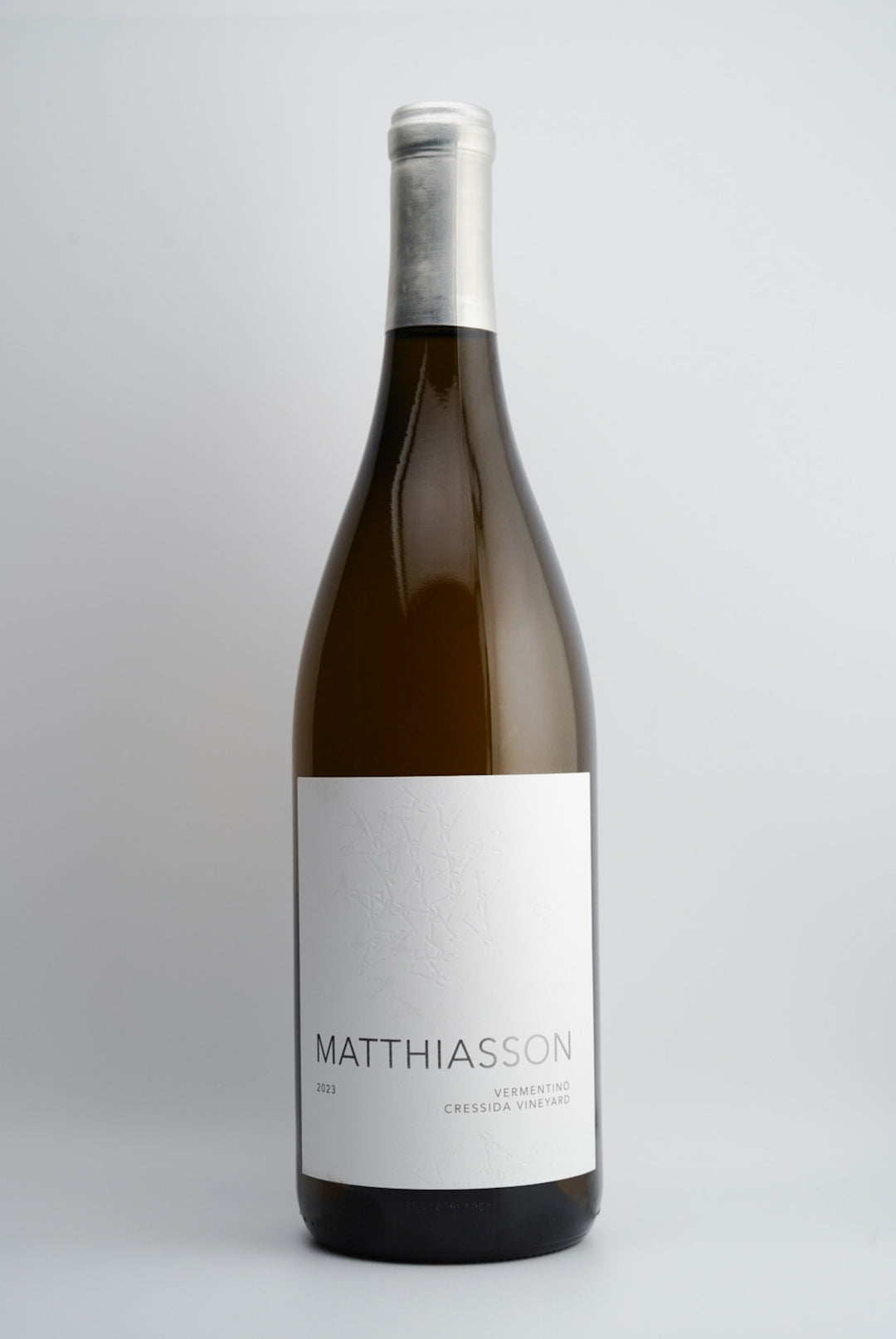 A bottle of Matthiasson Cressida Vineyard Vermentino wine from Los Carneros AVA, Napa Valley, California, vintage 2023.