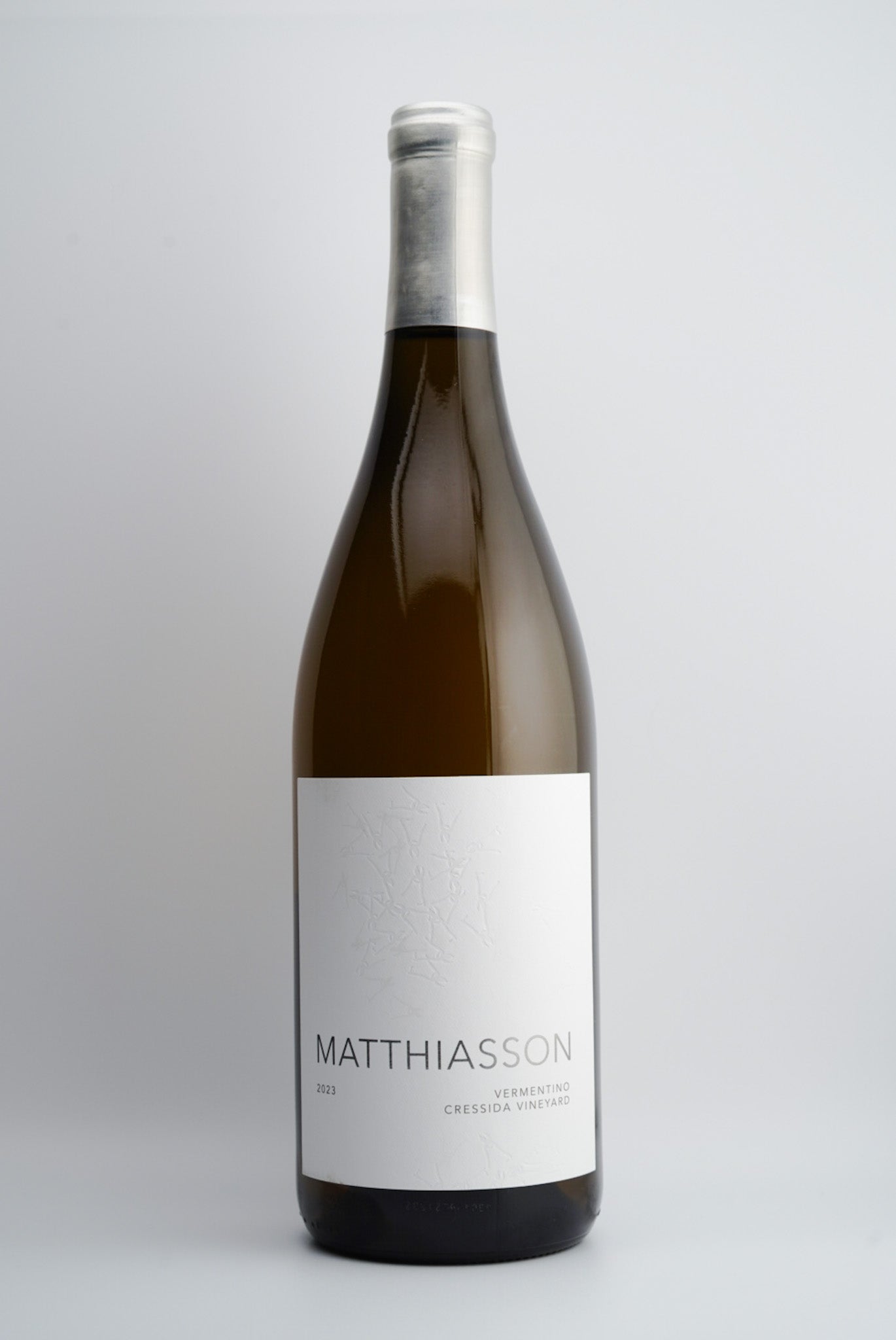 A bottle of Matthiasson Cressida Vineyard Vermentino wine from Los Carneros AVA, Napa Valley, California, vintage 2023.