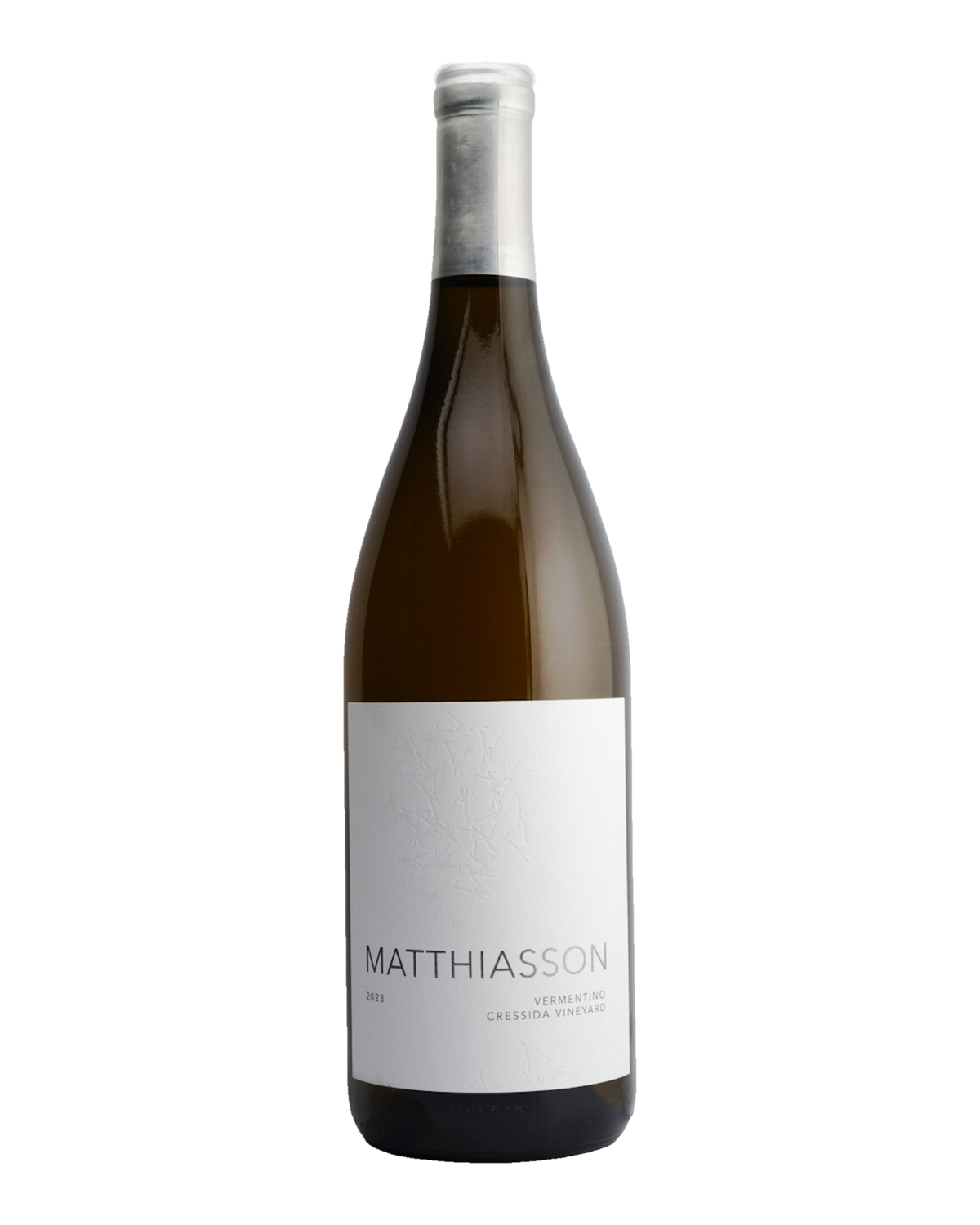 A bottle of Matthiasson Cressida Vineyard Vermentino wine from Los Carneros AVA, Napa Valley, California, vintage 2023.