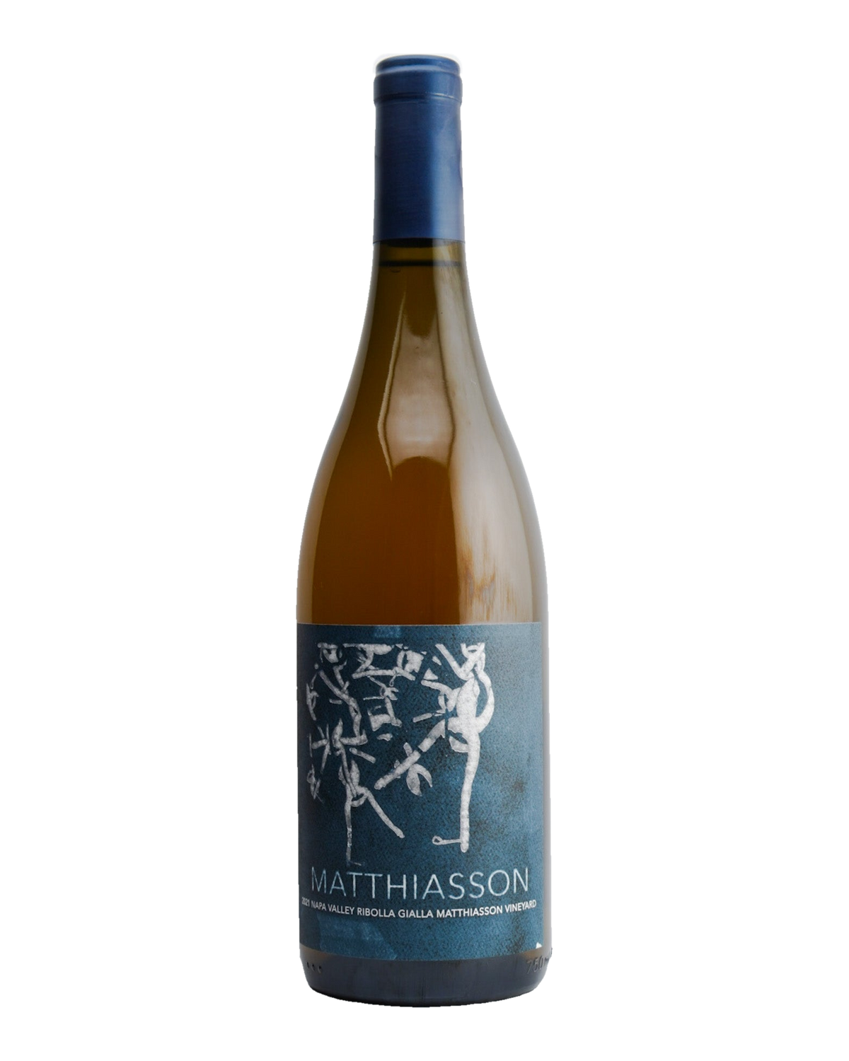 A bottle of Matthiasson Estate Ribolla Gialla wine from Napa Valley, California, with a label depicting a blue and white illustration.