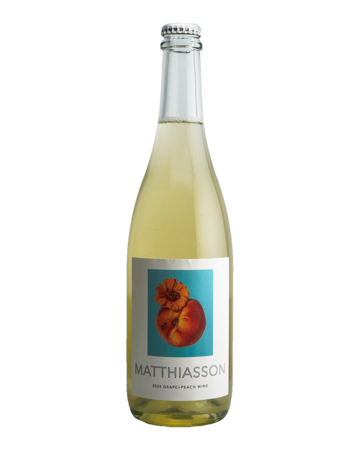 A bottle of Matthiasson Peach + Grape Sparkling Wine with a label featuring an image of a peach.