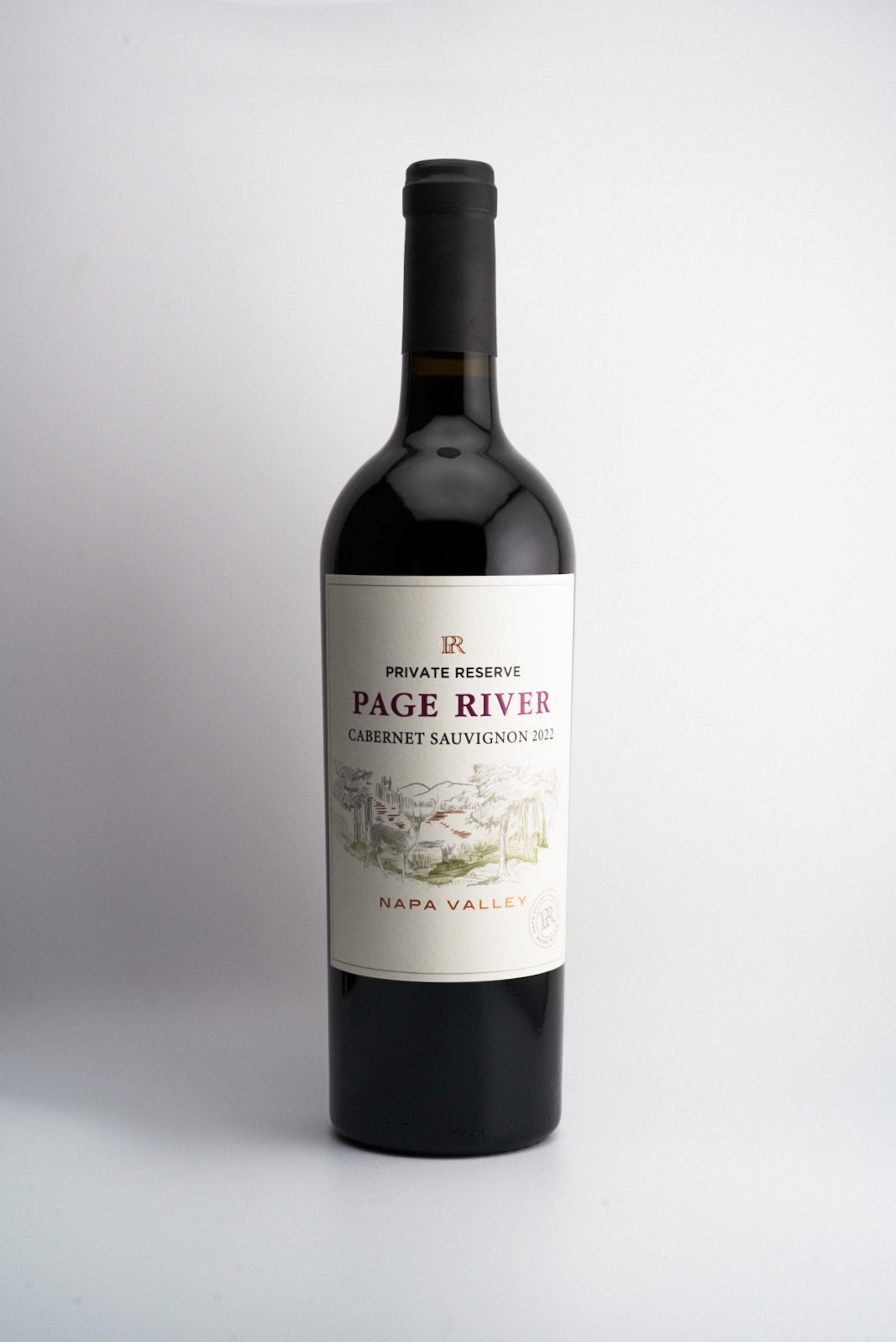 A bottle of Page River 'Private Reserve' Cabernet Sauvignon, Napa Valley, California with a label showing the name of the wine and the region.