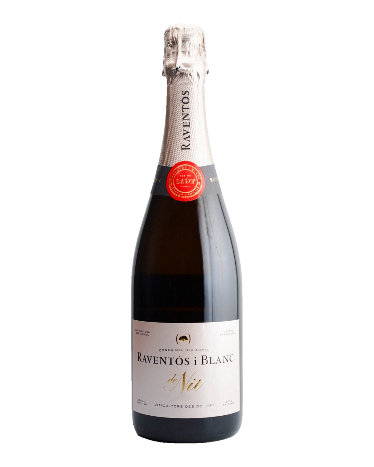 A bottle of Raventós i Blanc 'De Nit' Extra Brut Rosé sparkling wine with a red seal and label.