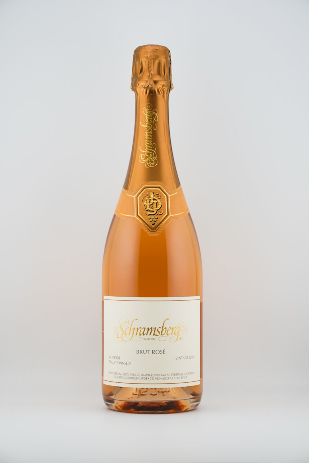 Bottle of Schramsberg Brut Rosé sparkling wine from napa california on a white background