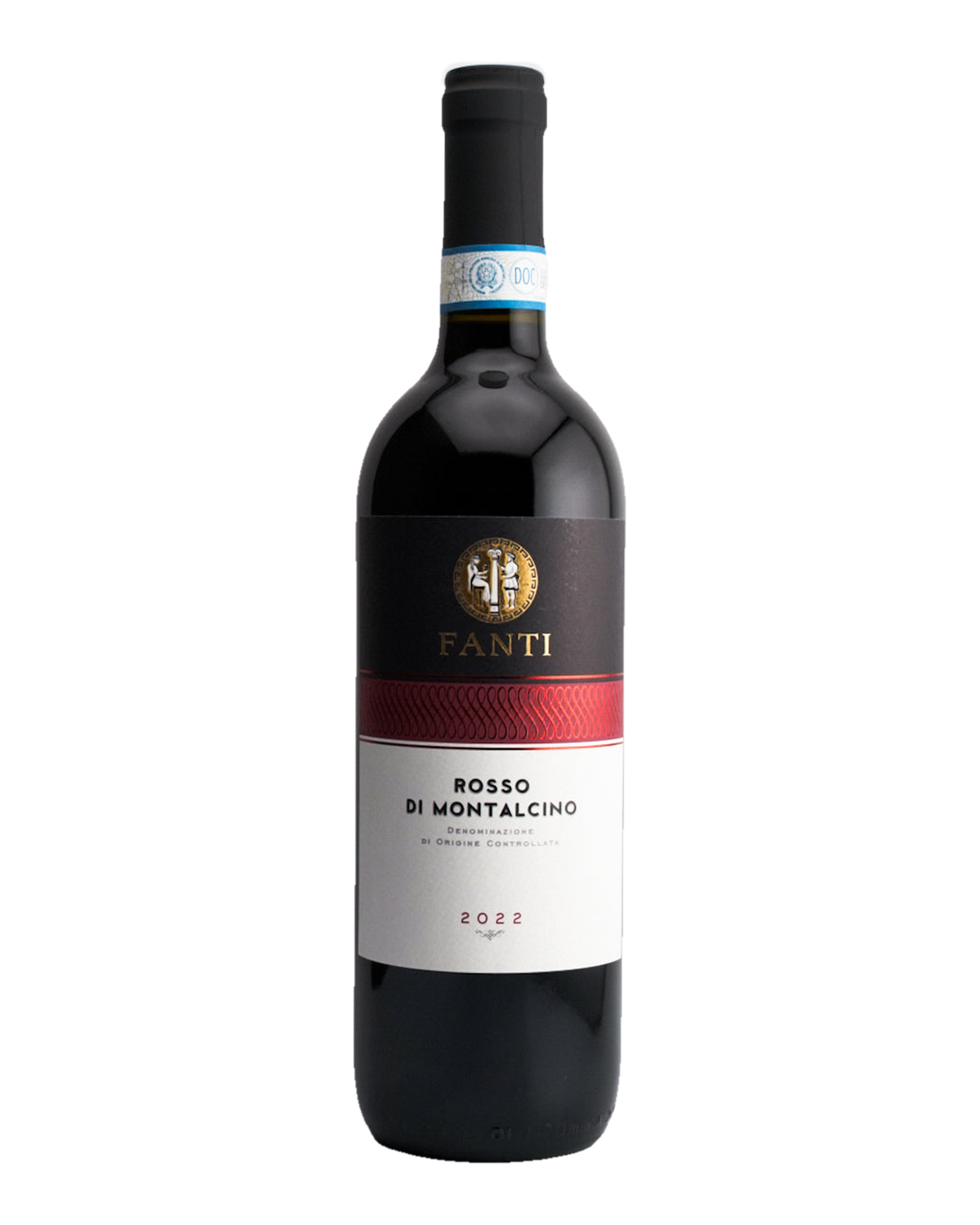 A bottle of Tenuta Fanti Rosso di Montalcino DOC wine from Tuscany, Italy, with a red label and a black glass bottle.