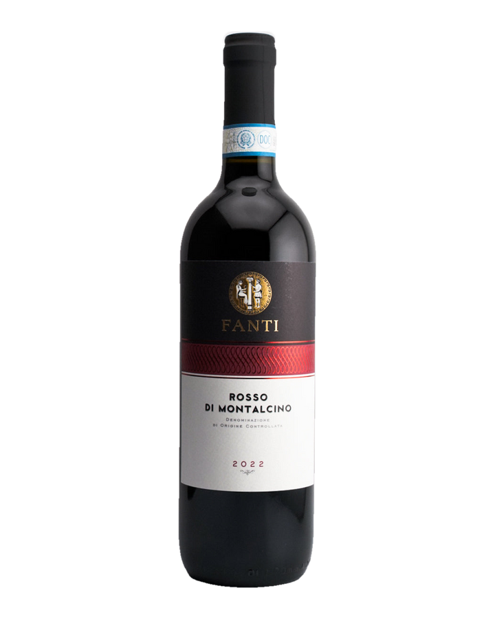 A bottle of Tenuta Fanti Rosso di Montalcino DOC wine from Tuscany, Italy, with a red label and a black glass bottle.