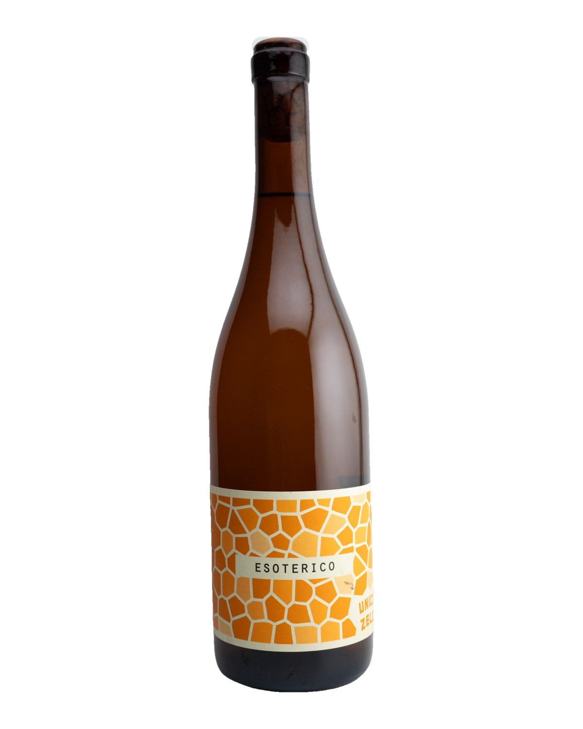 A bottle of Unico Zelo Esoterico Orange Wine with a yellow label, indicating the grape variety and wine type.