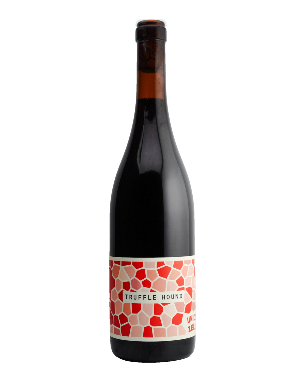 A bottle of Unico Zelo Truffle Hound Red Blend wine with a label featuring a geometric pattern in red and white on a dark background.