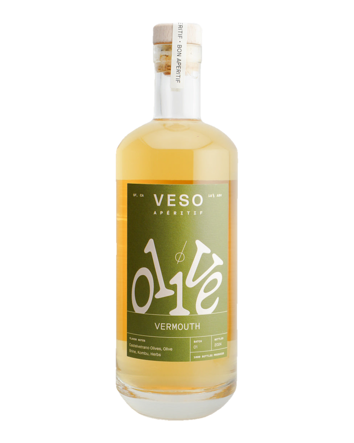 A bottle of VESO Olive Vermouth with a label that has Korean text and an olive leaf symbol, indicating the flavor and origin of the product.