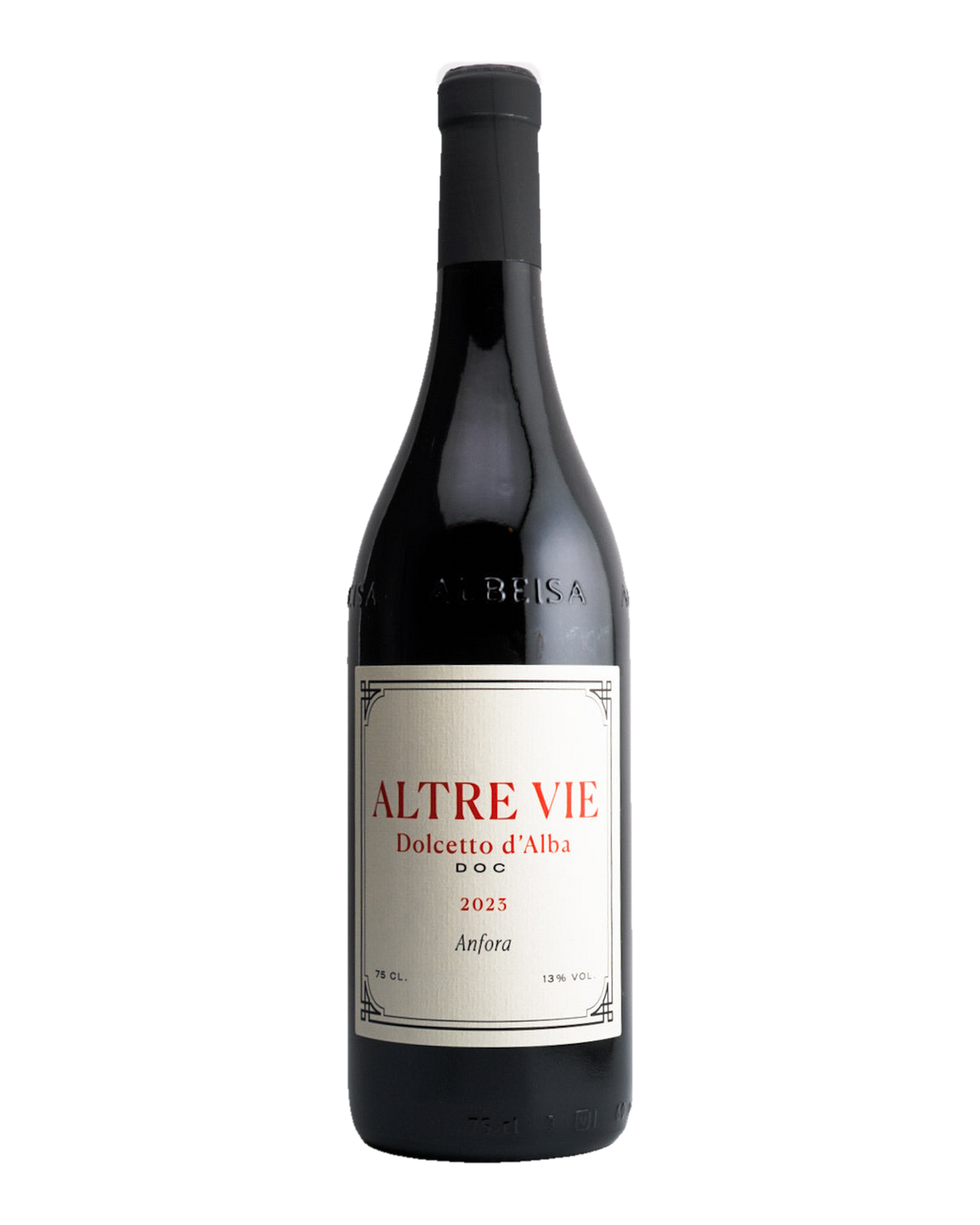A bottle of Altre Vie 'Anfora' Dolcetto d’Alba DOC, Piedmont, Italy 2023 wine with a white label, red and black text.