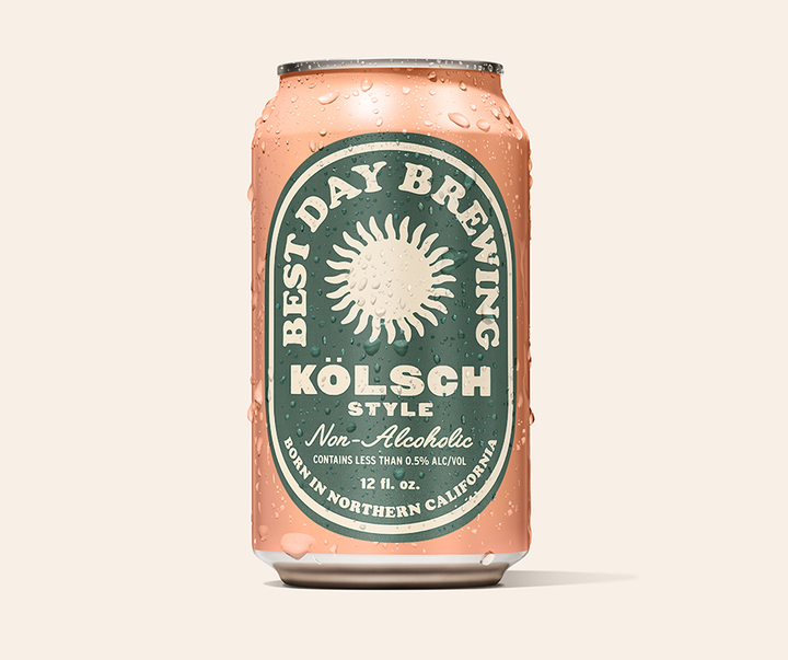 Can of Best Day Brewing Kolsch Style Non-Alcoholic beer on a beige background
