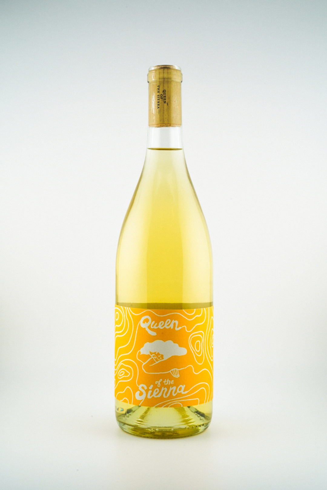 Bottle of Queen of the Sierra white wine on a light gray background