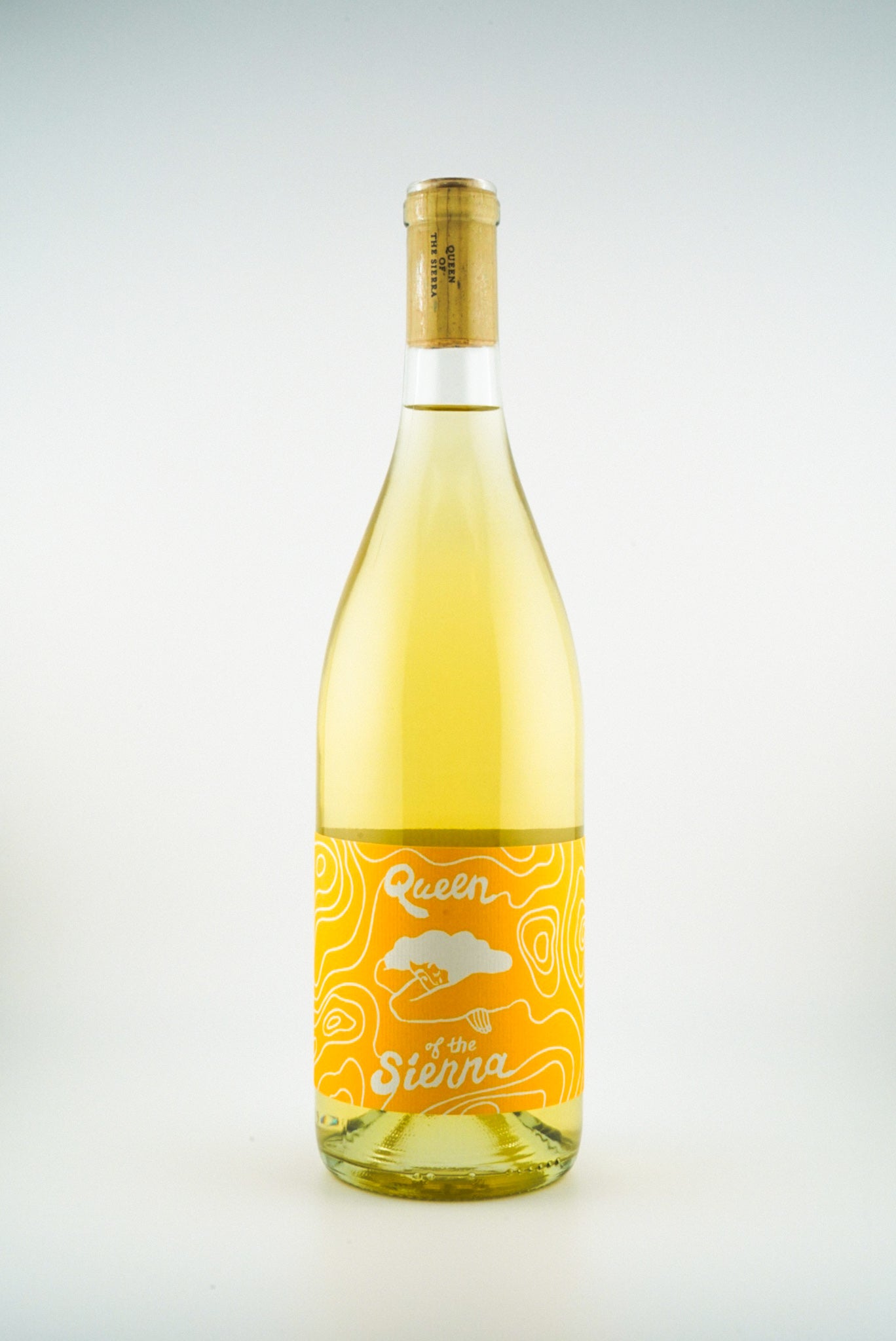 Bottle of Queen of the Sierra white wine on a light gray background