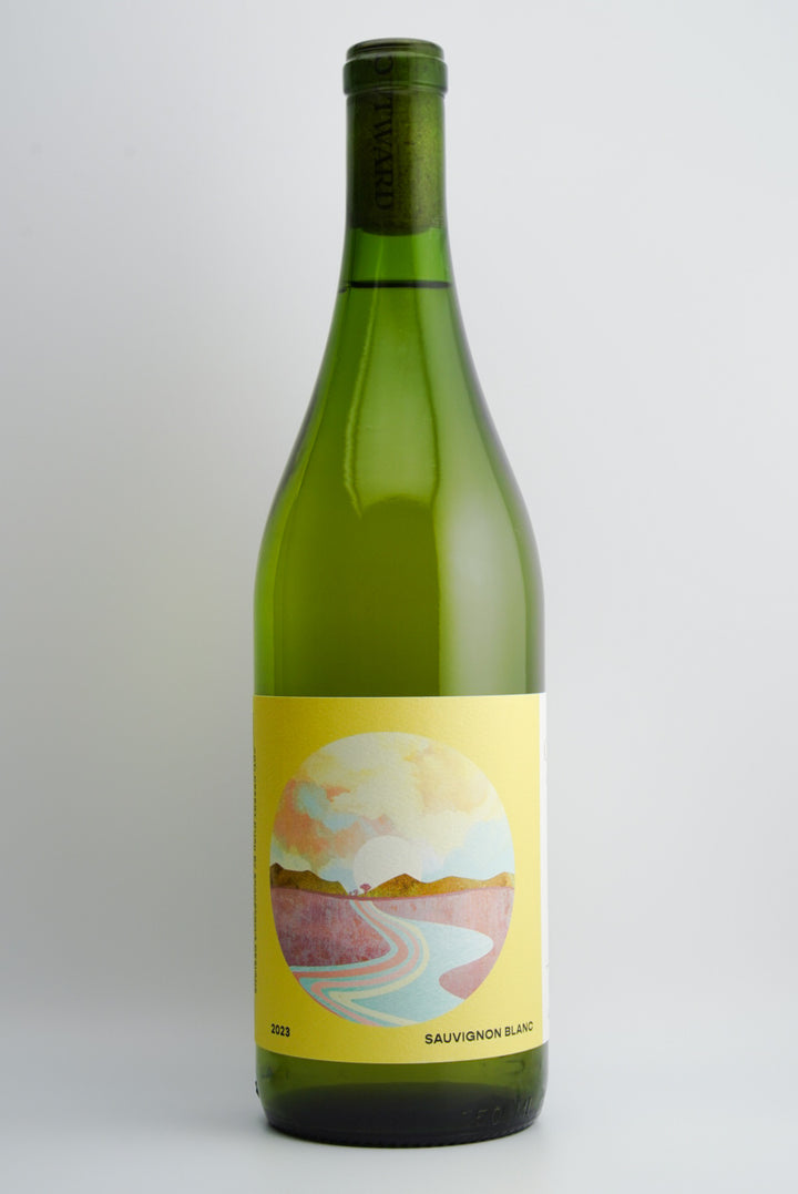 A bottle of 2023 Outward Wines Presqu'ile Vineyard Sauvignon Blanc with a label showing a vineyard scene and text indicating the product type and volume.