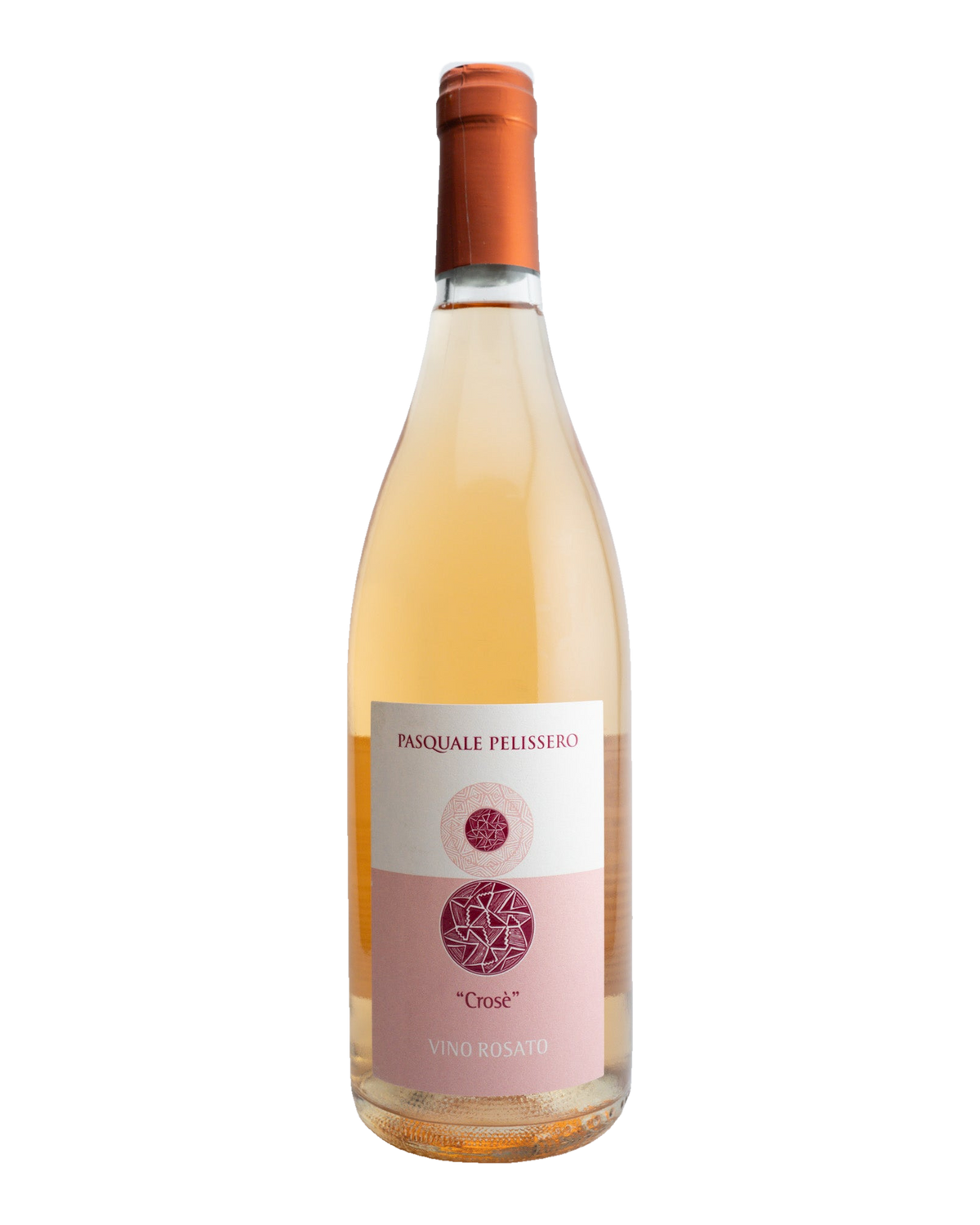 A bottle of Pasquale Pelissero 'Crosè' Rosato wine with a pink label and a red cap, indicating it is a light pink wine from Piedmont, Italy.