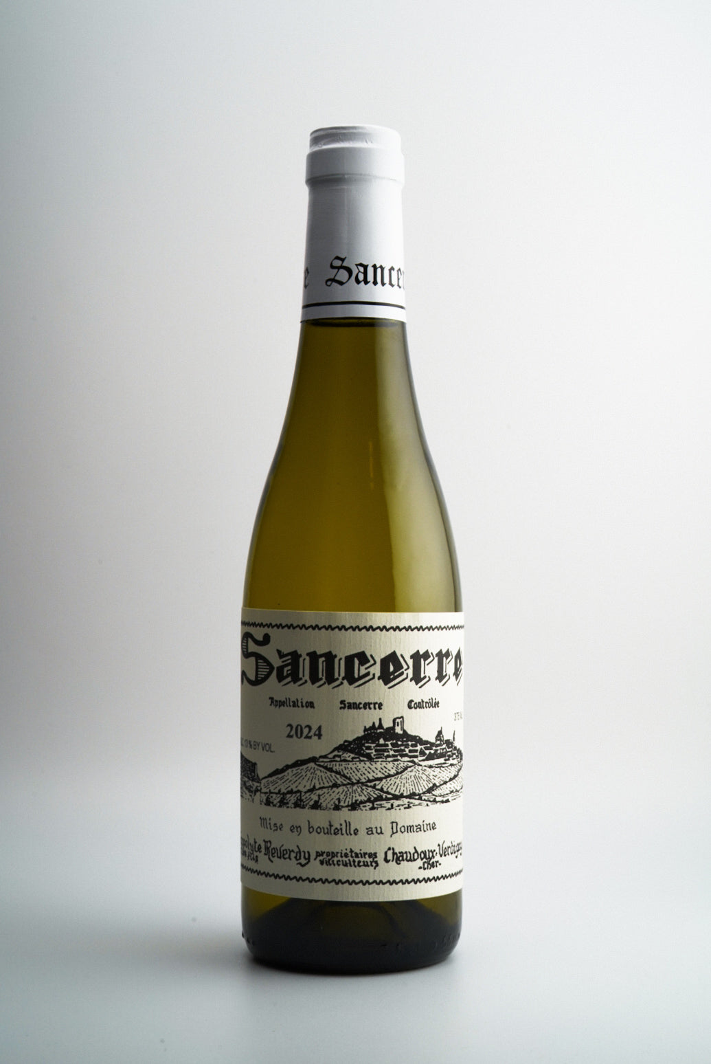 Wine bottle with a label on a white background